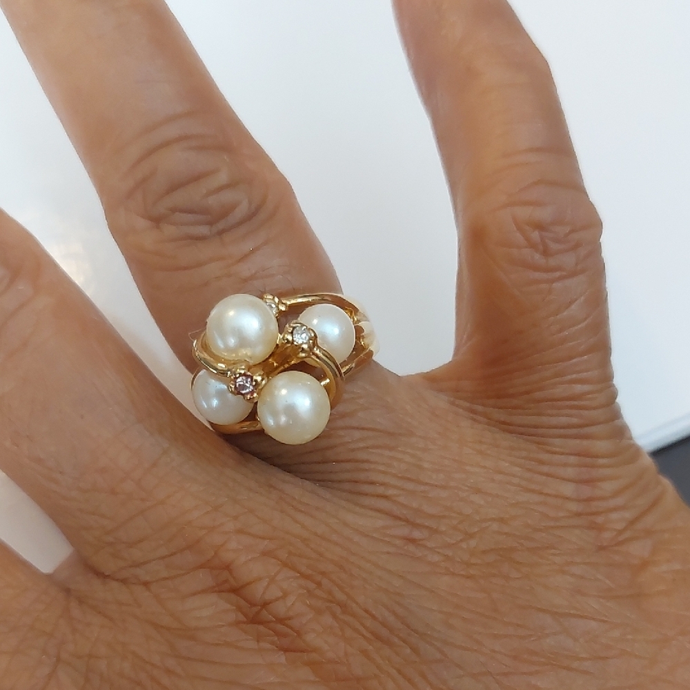 Gold Pearl Cluster Ring with Clear Accents - Picture 6 of 8